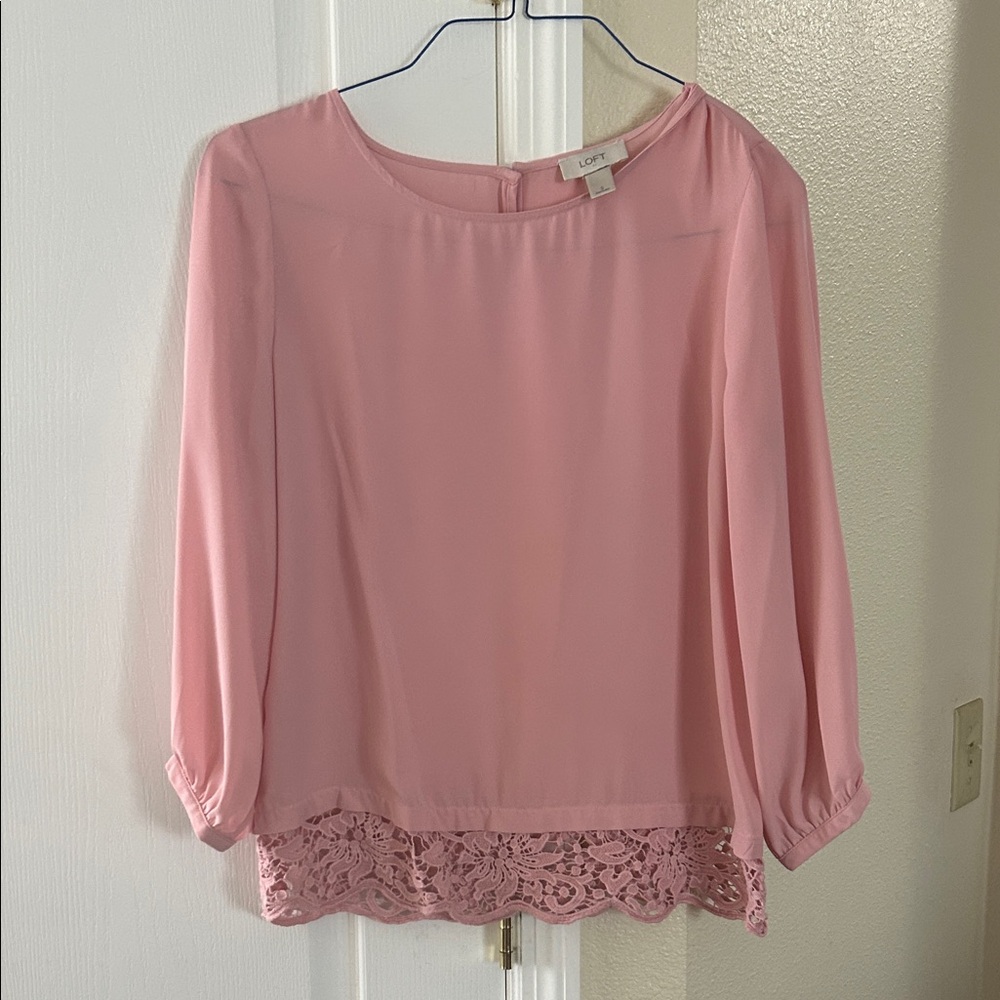 LOFT Soft Pink Blouse with Lace Hem